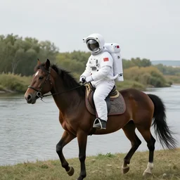 an astronaut riding a horse by a river