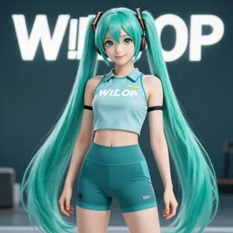 hatsune miku wearing crop gym top with white lettering, crop yoga short, Advertising photography by Wlop, masterwork, artstation, cgstudio