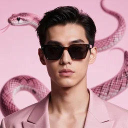 portrait, fashion model in sunglasses, pink mood snakes on the background, hyper detailed, photo realistic, vouge style photo, by charles bird king