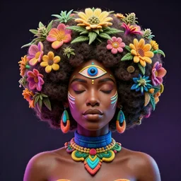 female african marijuanna! shaman with an afro made of flowers, third eye art art by machina infinitum, complexity from simplicity, rendered in octane, mandelbulb 3 d, ambient occlusion, macro photography, felt!!! texture, tribal, neon! retrowave
