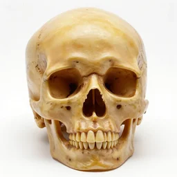 amber human skull replica, commercial catalog photo, isolated on a pure white background, centered, entire object in frame, sharp focus, soft studio lighting
