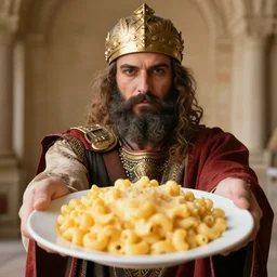 high quality photo of xerxes holding out a plate of macaroni and cheese towards the camera
