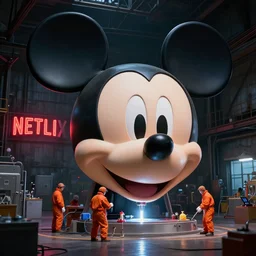 a enormous giant mickey mouse head being drilled in a scientific experiment by small workers wearing orange coveralls inside of a dark old warehouse, netflix logo as a neon sign in the background, cinematic, art by beeple and wlop, digital art, trending on artstation