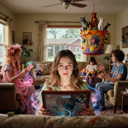 movie still by alejandro jodorowsky of a beautiful day in a family living room in a suburban neighborhood usa, visible magic energy, dream creature costumes, telekinesis fruit, talking animals, magic parade float, cinestill 8 0 0 t eastmancolor technicolor, high quality, very detailed, heavy grain, fine facial features, 8 k, octane render