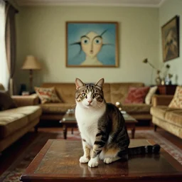 an average american cat in the living room, film still from the movie directed by Denis Villeneuve with art direction by Salvador Dalí, wide lens