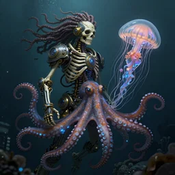underwater photography of a steampunk human skeleton with dreadlocks in symbiosis with an octopus and a jellyfish, intricate and ornate alien technology, bioluminescence, bloom, dim rim lighting, by victor grasso and scott musgrove, anton h. r. giger and tooth wu, digital illustration, concept art, cg society