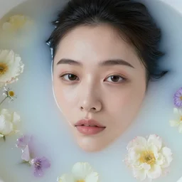 portrait photography of a woman's face submerged in translucent milk water. flowers floating.
