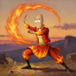 squidward wearing fire nation clothing and practicing firebendingoutside at susnset, oil painting, highly detailed, intricate, hd, sharp focus, photorealistic, by moebius and greg rutkowski, trending on artstation, trending on cgsociety, realistic shading and lighting