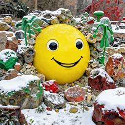 a rock garden by m. c. escher, yellow, green, red, snowy, ultra sharp, ultra detailed, cyberpunk, happy, uplifting, colorized by salvador dali