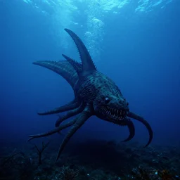 underwater abyssal sea monster, dark, 35mm camera, horror