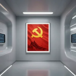 interior of futuristic spaceship, minimalistic, communist poster