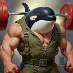 Very detailed close up of anthropomorphic kiler whale as muscular powerlifter wearing unzipped army pilot uniform , backlight studio lighting, artstation oil painting, 8K