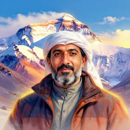 portrait of emad mostaque on mount everest drawing on a canva the sight in front of him, beautiful scenary, glowing vibrant colors, some clouds in the sky, by greg rutkowski, trending on artstation