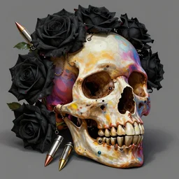 colorful skull in black roses and silver bullets by rembrandt and lise deharme and artgerm, digital art, detailed masterpiece