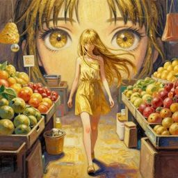 recursive image with a girl walking through a fruit market, large eyes, her long hair flowing, surreal, oil pastels and gold, in the style of katsuhiro otomo, modeled in poser, redshift render, uhd