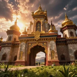 the entrance to kingdom of shangri - la, beautiful architecture, atmosphere, dramatic lighting, epic composition, close up, cinematic view, epic sky, detailed, concept art, low angle, high detail, warm lighting, volumetric, godrays, vivid, beautiful, trending on artstation, by jordan grimmer, huge scene, grass, art greg rutkowski