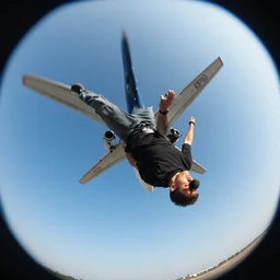 a man falling to a plane, fast shutter speed, high speed, action photo, 1 / 1 0 0 0 sec shutter, fish - eye lens