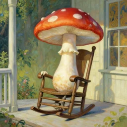 anthropomorphic mushroom on a porch in a rocking chair, art by artgerm and greg rutkowski and alphonse mucha