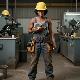 90's professional color photograph a muscular black female miner wearing overalls, helmet, toolbelt, holding a zebra finch, serious, concentrated, industrial aesthetic, full body, highly detailed, photo real, technical atmosphere, 8K