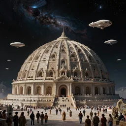 pilgrims to the temple of the half infinite in proxima centauri, massive dome building, thousands of people, spaceships landing, fantasy art, space, dark sky, nebula and stars, john harris, moebius, craig mullins