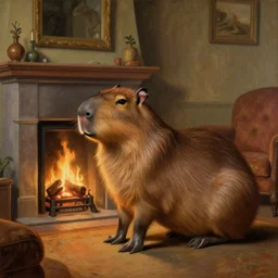 a renaissance painting of a capybara in a cozy living room by the fireplace