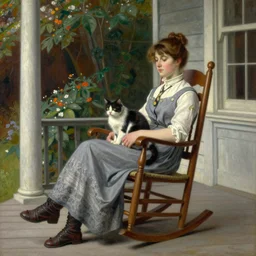 a detailed painting of a woman sitting in a rocking chair on a porch, cat sitting on her lap, painting by gaston bussiere, craig mullins, j. c. leyendecker