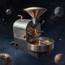 coffee roaster machine flying through outer space digital painting