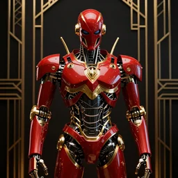evil robot, red and gold, art deco noir style