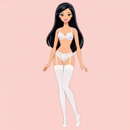 anime barbie in white stockings, white bra, full length, standing posture, full length, patterned clothing, lace clothes