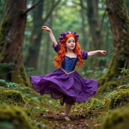 multicolor photo of a funny little female mage dancing in the woods by annie leibovitz created at variant in 4 k ultra high resolution and with macro, with inspiring feeling