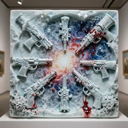 the war multiverse, highly detailed carving on southern ice porcelain, partially bloody crystallized, guns, blood nebulas, art gallery