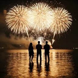 ravers standing in water with fireworks in background, full body, silhouette, reflection in water, volumetric lighting, golden ratio, backlit