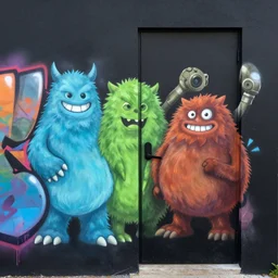 beautiful graffiti monsters with a tank turret for arm and black frame door in side on black background paper