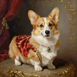 the royal king's royal corgi by greg hildebrant fancy rococo baroque regal puppy oil painting high quality award winning clothed in fancy garb