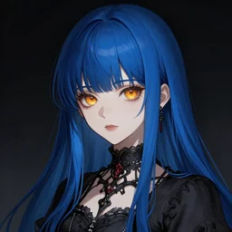 long blue - haired girl with bangs gothic anime character with ( amber irises ) noir, screenshot, anime, sharp focus, intricate, illustration, cell shaded, digital painting, highly detailed, concept art, matte, art by ilya kuvshinov, wlop, and greg rutkowski, studio quality, james jean, artem demura