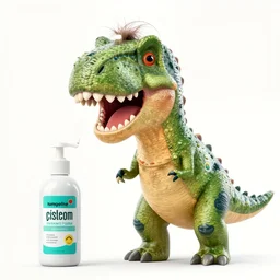 photo of a dinosaur man suffering from a bad dandruff problem, shampoo advert