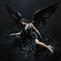 8 k art photography shot art shot, hyperrealistic, hyperdetailed, super detailed, uhd, uhd, 8 k, high resolution, a fallen angel in black fluid simulation, painting by ross tran and ivan aivazovsky, black water, black water, black water, black water