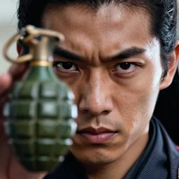 samurai throwing a grenade, detailed face, sharp focus, high details