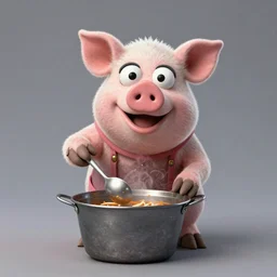 studio photograph of a pig depicted as a muppet cooking
