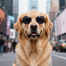 a golden retriever dog wearing a circular sunglasses in times square