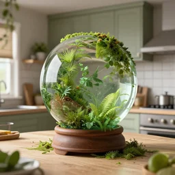 unusual kitchens, overgrown with vegetation model inside crystal ball, octane render hyperdetailed,