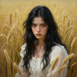 Hyper realistic detailed painting of a Paludnitsa! (in a lush wheat crop). Perfect face, black hair, beautiful!, white dress, menacing!, melancholic!!, dreamlike, highly detailed, sharp focus, digital painting, art by Eddie Mendoza, detailed and intricate environment, highly detailed, award winning art.