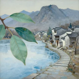 a gorgeous painting by barlowe wayne maxfield parrish and marco mazzoni. left side there is a very close - up shot on a branch with 3 leaves!! china mountain village!! grey blue and light verdancy. the lake ice is melting. the winding stone steps. ultra clear detailed. hd. 3 d, octane render. 8 k