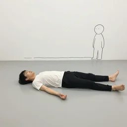 a chinese person laying flat on the floor by daniel johnston and peter doig, line brush, minimal, cartoon