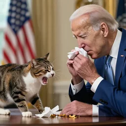 cat sneezing so hard on Joe Biden it knocks over Joe Biden