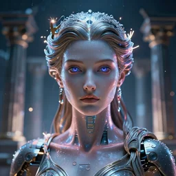 a cyberpunk close up portrait of cyborg athena, electricity, sparks, bokeh, soft focus, sparkling, glisten, water drops, cold, dark, geometric, temples behind her, by paul lehr, jesper ejsing