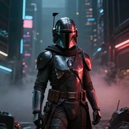 Mandalorian, cyberpunk, neon, art station, fog, volumetric lighting, city, dark, gritty
