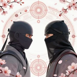 a headshot of gemini good and evil ninjas wearing a cowl!!!!, facing each other!!!!!! surrounded by fractals and mandalas and cherry blossoms and hadron collider technology and metal gears and swirling bioluminescent energy!!!!!!!!!!!!!!!, art by peter mohrbacher and dan mumford, 8 k octane render, hyperrealistic, zbrush, cinema 4 d