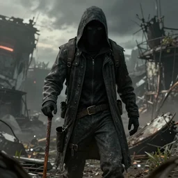 A hooded killer a cane, in a post apocalyptic setting, ghibli, unreal 5, DAZ, hyperrealistic, octane render, RPG portrait, dynamic lighting