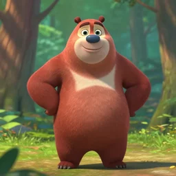 cinematic shot of a cute anthropomorphic bear standing in the forest with his hands on his waist by greg rutowski and his face by pixar with a warm smile and big green eyes, full view of bear, anatomically correct body, disney, yogi bear, studio ghibli, 8 k, masterpiece